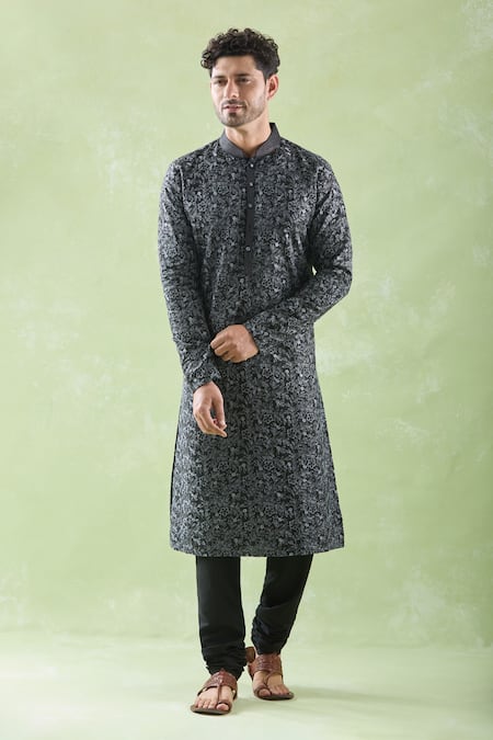 Arihant Rai Sinha Black , Satin Embroidery Floral Vine Kurta And Pyjama Set at Aza Fashions Arihant Rai Sinha_Black , Satin Embroidery Floral Vine Kurta And Pyjama Set _at_Aza_Fashions
