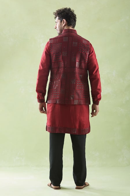 Arihant Rai Sinha Red Embroidered Bundi Kurta Set 