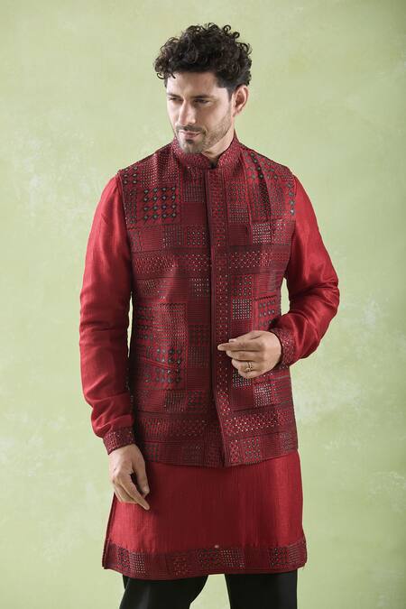 Arihant Rai Sinha Red Cotton Sequins, Embroidery Bundi Kurta Set Online at Aza Fashions Arihant Rai Sinha_Red Cotton Sequins, Embroidery Bundi Kurta Set _Online_at_Aza_Fashions