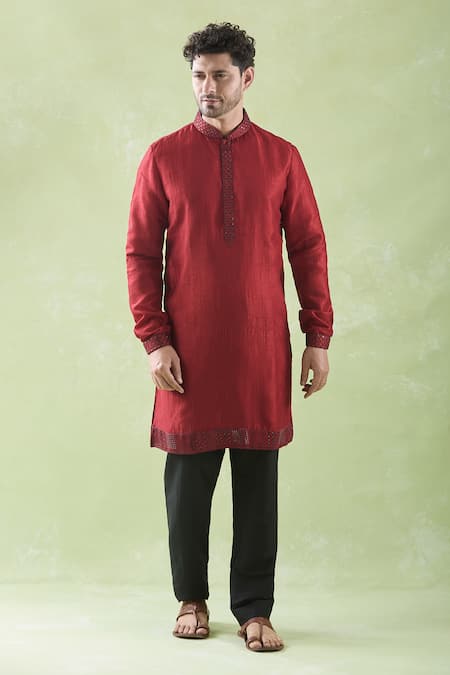 Shop Arihant Rai Sinha Red Cotton Sequins, Embroidery Bundi Kurta Set Online at Aza Fashions Shop_Arihant Rai Sinha_Red Cotton Sequins, Embroidery Bundi Kurta Set _Online_at_Aza_Fashions