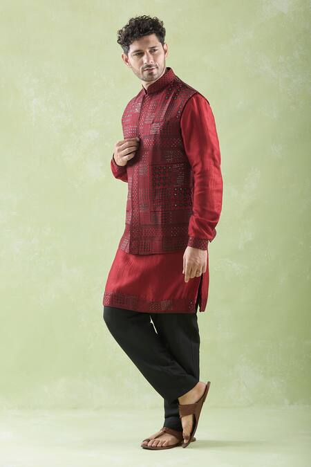 Arihant Rai Sinha Red Cotton Sequins, Embroidery Bundi Kurta Set at Aza Fashions Arihant Rai Sinha_Red Cotton Sequins, Embroidery Bundi Kurta Set _at_Aza_Fashions