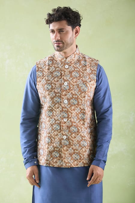 Arihant Rai Sinha Multi Color Chanderi Silk, Silk, Cotton Abstract Print Bundi Kurta Set Online at Aza Fashions Arihant Rai Sinha_Multi Color Chanderi Silk, Silk, Cotton Abstract Print Bundi Kurta Set _Online_at_Aza_Fashions