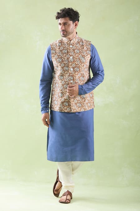 Shop Arihant Rai Sinha Multi Color Chanderi Silk, Silk, Cotton Abstract Print Bundi Kurta Set Online at Aza Fashions Shop_Arihant Rai Sinha_Multi Color Chanderi Silk, Silk, Cotton Abstract Print Bundi Kurta Set _Online_at_Aza_Fashions
