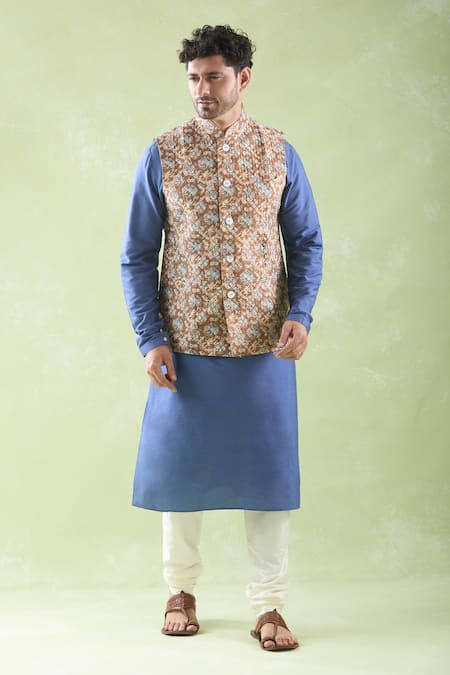 Arihant Rai Sinha Multi Color Chanderi Silk, Silk, Cotton Abstract Print Bundi Kurta Set at Aza Fashions Arihant Rai Sinha_Multi Color Chanderi Silk, Silk, Cotton Abstract Print Bundi Kurta Set _at_Aza_Fashions