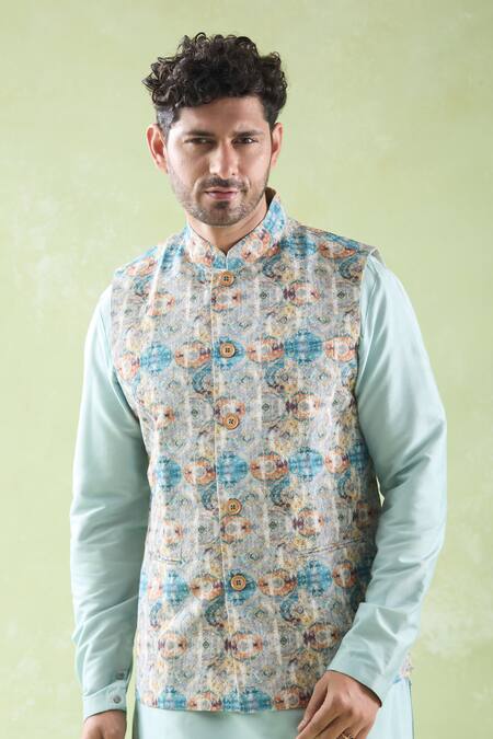 Arihant Rai Sinha Multi Color Modal, Silk, Cotton Embroidery Multicolor Printed Bundi Kurta Set Online at Aza Fashions Arihant Rai Sinha_Multi Color Modal, Silk, Cotton Embroidery Multicolor Printed Bundi Kurta Set _Online_at_Aza_Fashions