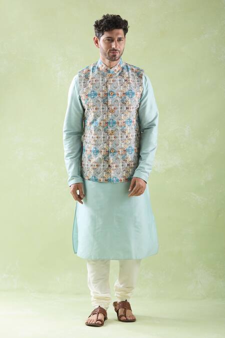 Shop Arihant Rai Sinha Multi Color Modal, Silk, Cotton Embroidery Multicolor Printed Bundi Kurta Set Online at Aza Fashions Shop_Arihant Rai Sinha_Multi Color Modal, Silk, Cotton Embroidery Multicolor Printed Bundi Kurta Set _Online_at_Aza_Fashions