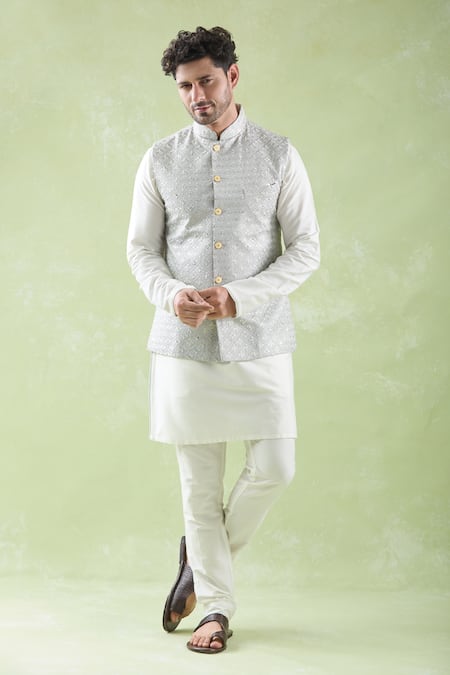 Arihant Rai Sinha Grey & Off White Embroidered Bundi Set 