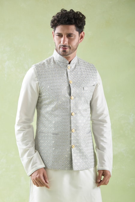 Arihant Rai Sinha_Gray Chanderi, Cotton Embroidery Grey And Off White Bundi Set_Online_at_Aza_Fashions