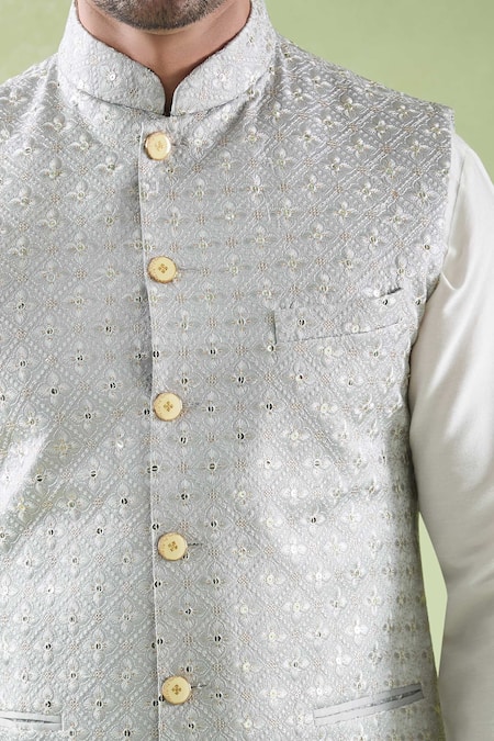 Buy_Arihant Rai Sinha_Gray Chanderi, Cotton Embroidery Grey And Off White Bundi Set_Online_at_Aza_Fashions