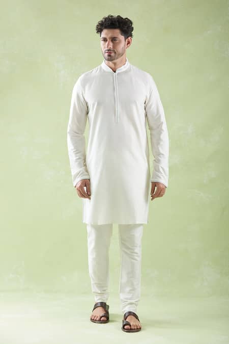 Shop_Arihant Rai Sinha_Gray Chanderi, Cotton Embroidery Grey And Off White Bundi Set_Online_at_Aza_Fashions