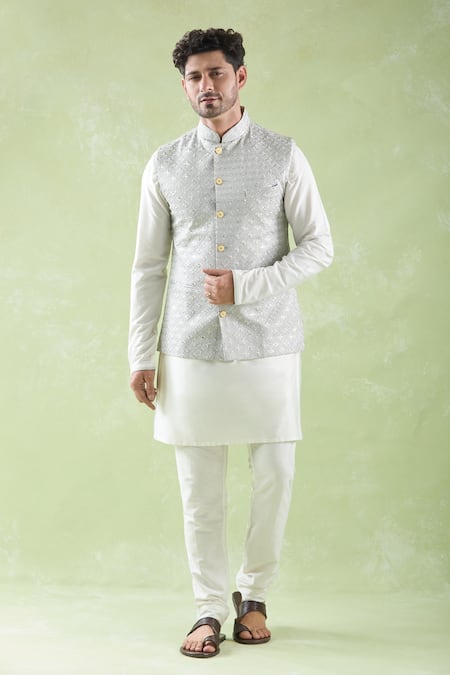 Arihant Rai Sinha_Gray Chanderi, Cotton Embroidery Grey And Off White Bundi Set_at_Aza_Fashions