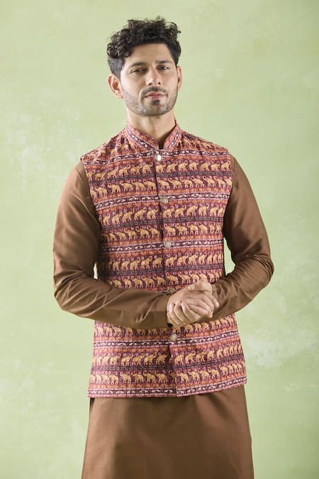 Arihant Rai Sinha_Multi Color Modal, Cotton Multicolor Elephant Print Bundi Kurta Set _Online_at_Aza_Fashions