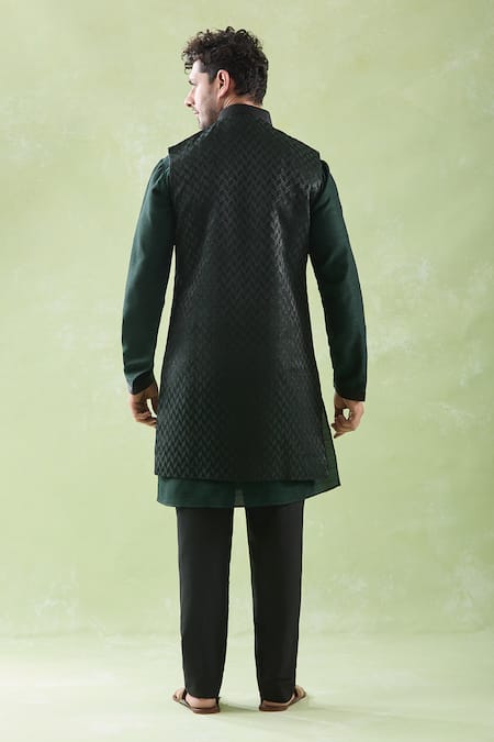 Shop Arihant Rai Sinha Black Brocade, Chanderi, Cotton Embroidery Bundi And Green Kurta Set at Aza Fashions Shop_Arihant Rai Sinha_Black Brocade, Chanderi, Cotton Embroidery Bundi And Green Kurta Set _at_Aza_Fashions
