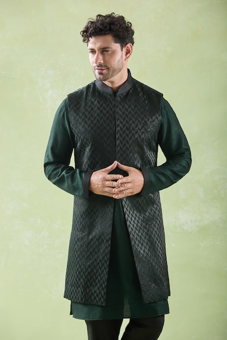 Arihant Rai Sinha Black Brocade, Chanderi, Cotton Embroidery Bundi And Green Kurta Set Online at Aza Fashions Arihant Rai Sinha_Black Brocade, Chanderi, Cotton Embroidery Bundi And Green Kurta Set _Online_at_Aza_Fashions