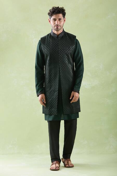 Arihant Rai Sinha Black Brocade, Chanderi, Cotton Embroidery Bundi And Green Kurta Set at Aza Fashions Arihant Rai Sinha_Black Brocade, Chanderi, Cotton Embroidery Bundi And Green Kurta Set _at_Aza_Fashions