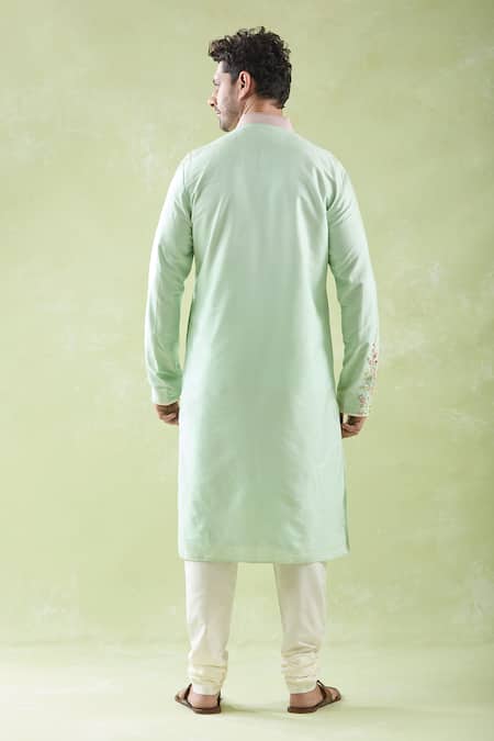 Shop Arihant Rai Sinha Green Chanderi, Cotton Embroidery Placement Kurta And Churidar Set at Aza Fashions Shop_Arihant Rai Sinha_Green Chanderi, Cotton Embroidery Placement Kurta And Churidar Set _at_Aza_Fashions