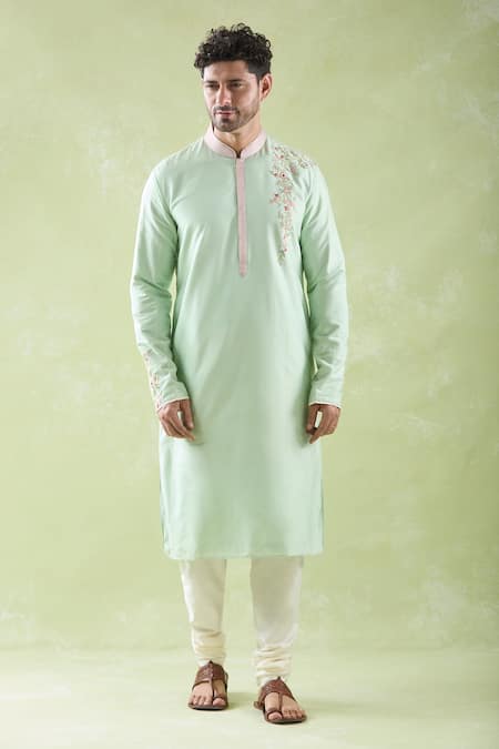 Shop Arihant Rai Sinha Green Chanderi, Cotton Embroidery Placement Kurta And Churidar Set Online at Aza Fashions Shop_Arihant Rai Sinha_Green Chanderi, Cotton Embroidery Placement Kurta And Churidar Set _Online_at_Aza_Fashions