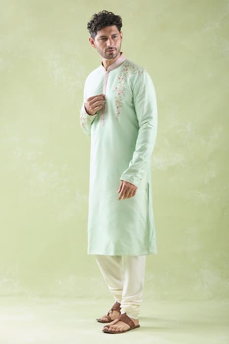 Arihant Rai Sinha Green Chanderi, Cotton Embroidery Placement Kurta And Churidar Set at Aza Fashions Arihant Rai Sinha_Green Chanderi, Cotton Embroidery Placement Kurta And Churidar Set _at_Aza_Fashions