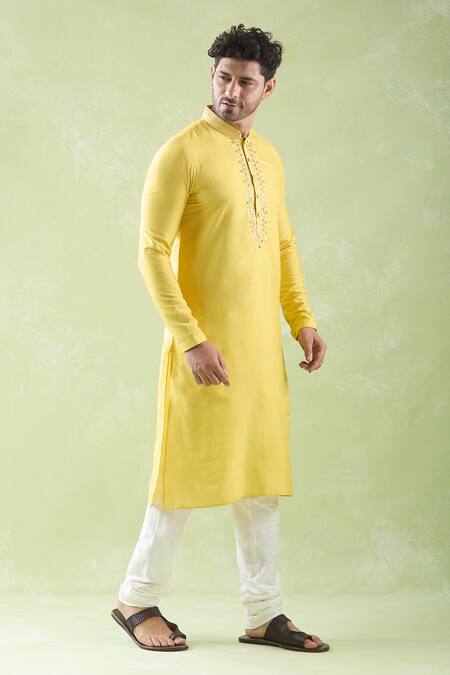 Buy_Arihant Rai Sinha_Yellow Chanderi, Cotton Mirrors Embroidered Placket Kurta And Churidar Set _Online_at_Aza_Fashions