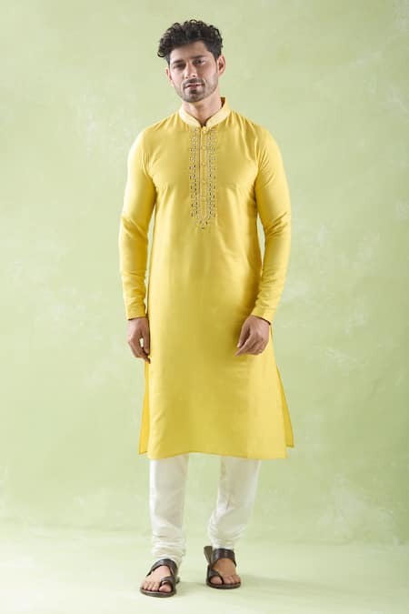 Shop_Arihant Rai Sinha_Yellow Chanderi, Cotton Mirrors Embroidered Placket Kurta And Churidar Set _Online_at_Aza_Fashions