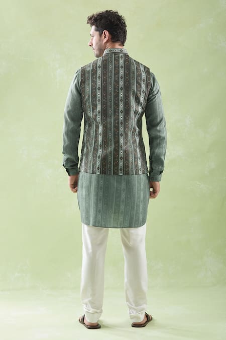 Shop Arihant Rai Sinha Green Linen, Cotton Multicolor Woven Bundi Kurta Set at Aza Fashions Shop_Arihant Rai Sinha_Green Linen, Cotton Multicolor Woven Bundi Kurta Set _at_Aza_Fashions