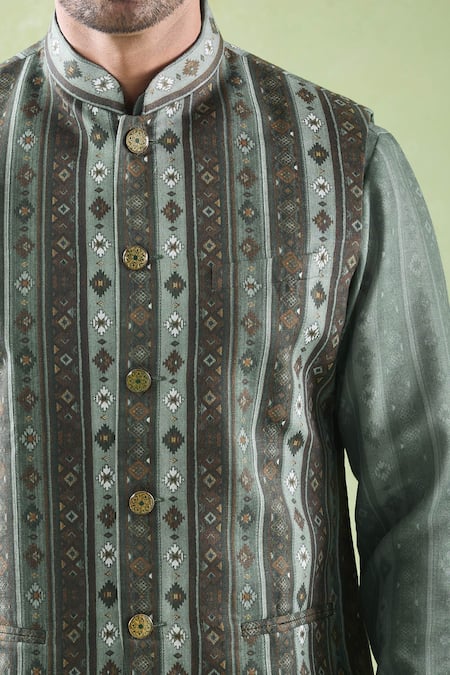 Arihant Rai Sinha Green Linen, Cotton Multicolor Woven Bundi Kurta Set Online at Aza Fashions Arihant Rai Sinha_Green Linen, Cotton Multicolor Woven Bundi Kurta Set _Online_at_Aza_Fashions