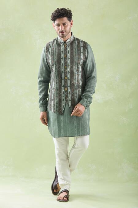 Shop Arihant Rai Sinha Green Linen, Cotton Multicolor Woven Bundi Kurta Set Online at Aza Fashions Shop_Arihant Rai Sinha_Green Linen, Cotton Multicolor Woven Bundi Kurta Set _Online_at_Aza_Fashions