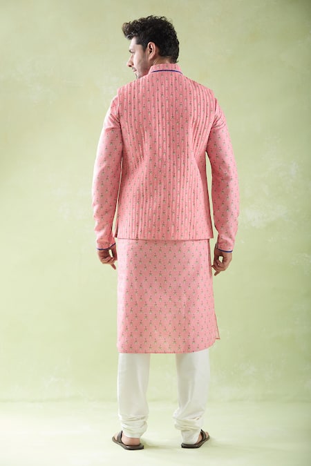 Shop Arihant Rai Sinha Pink Muslin, Cotton Embroidery Floral Printed Bundi Kurta Set at Aza Fashions Shop_Arihant Rai Sinha_Pink Muslin, Cotton Embroidery Floral Printed Bundi Kurta Set _at_Aza_Fashions