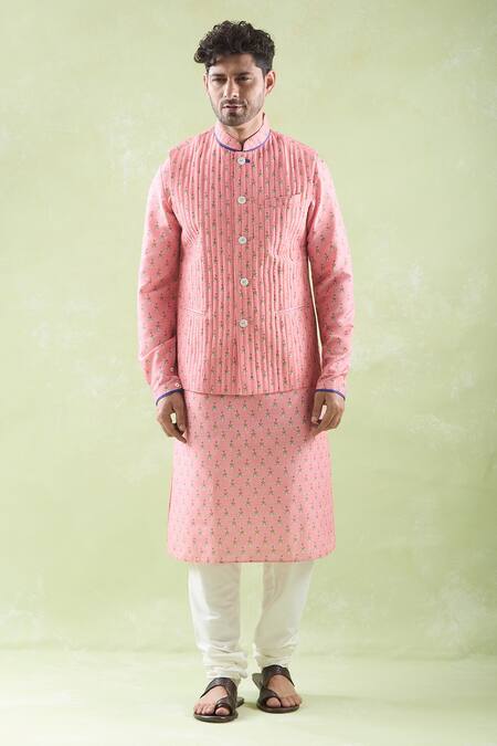Arihant Rai Sinha Pink Muslin, Cotton Embroidery Floral Printed Bundi Kurta Set Online at Aza Fashions Arihant Rai Sinha_Pink Muslin, Cotton Embroidery Floral Printed Bundi Kurta Set _Online_at_Aza_Fashions