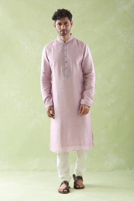Arihant Rai Sinha_Purple Brocade, Cotton Embroidery Placket Kurta And Churidar Set _Online_at_Aza_Fashions