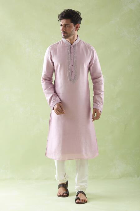 Buy_Arihant Rai Sinha_Purple Brocade, Cotton Embroidery Placket Kurta And Churidar Set _Online_at_Aza_Fashions