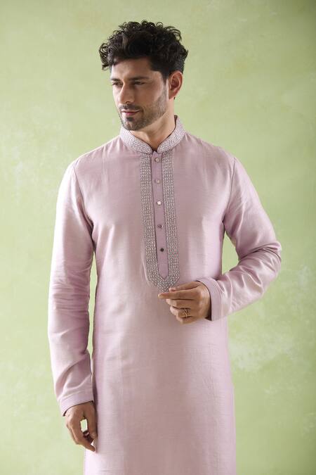 Shop_Arihant Rai Sinha_Purple Brocade, Cotton Embroidery Placket Kurta And Churidar Set _Online_at_Aza_Fashions