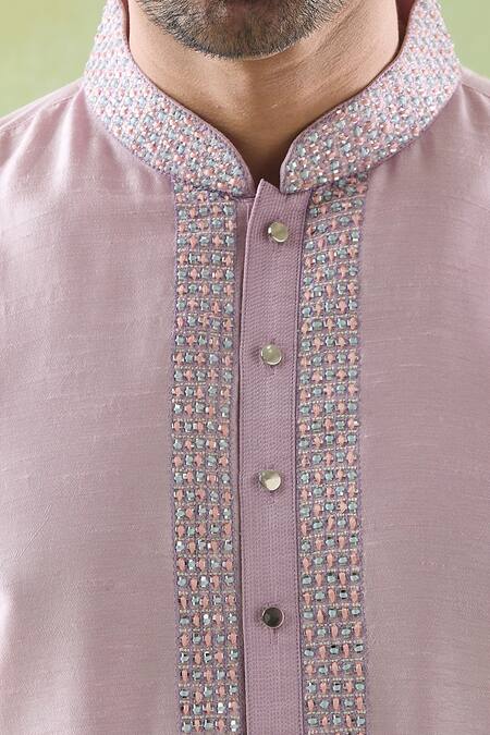 Arihant Rai Sinha_Purple Brocade, Cotton Embroidery Placket Kurta And Churidar Set _at_Aza_Fashions