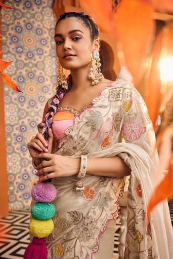Buy Sshilpa Samriya Ivory Tissue, Chiffon, Chanderi Silk, Cotton Applique Border Saree With Blouse Online at Aza Fashions Buy_Sshilpa Samriya_Ivory Tissue, Chiffon, Chanderi Silk, Cotton Applique Border Saree With Blouse_Online_at_Aza_Fashions