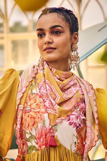 Buy Sshilpa Samriya Yellow Crepe, Chiffon Embroidery Round Neck Floral Daman Print Anarkali Set Online at Aza Fashions Buy_Sshilpa Samriya_Yellow Crepe, Chiffon Embroidery Round Neck Floral Daman Print Anarkali Set_Online_at_Aza_Fashions
