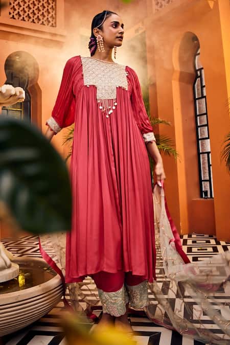 Shop Sshilpa Samriya Pink Net, Crepe Sequins, Zari, Embroidery Boat Neck Mughal Yoke Anarkali Set Online at Aza Fashions Shop_Sshilpa Samriya_Pink Net, Crepe Sequins, Zari, Embroidery Boat Neck Mughal Yoke Anarkali Set_Online_at_Aza_Fashions