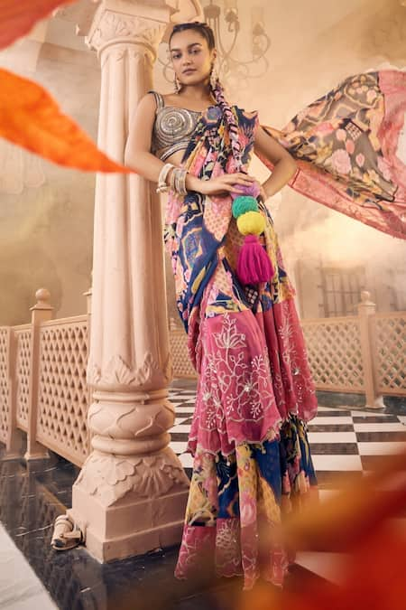 SSHILPA SAMRIYA Blue Saree Georgette Printed Floral Patchwork Pre-draped With Blouse