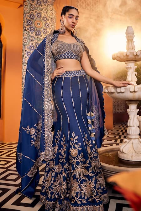 SSHILPA SAMRIYA Blue Lehenga Tissue Embroidery Zari Thread Notched Floral Fishcut Set