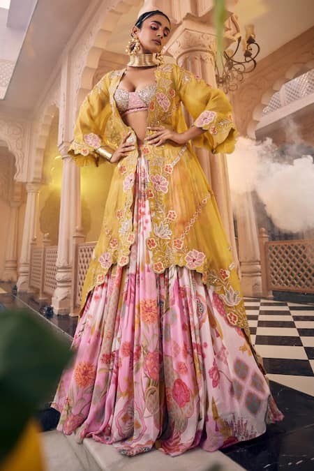 SSHILPA SAMRIYA Yellow Lehenga Chinnon Chiffon Embroidery Zari Floral Applique Shrug Set