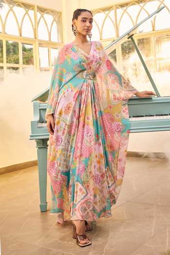 Sshilpa Samriya_Blue Georgette Printed Floral V-neck Abstract Kaftan_Online_at_Aza_Fashions