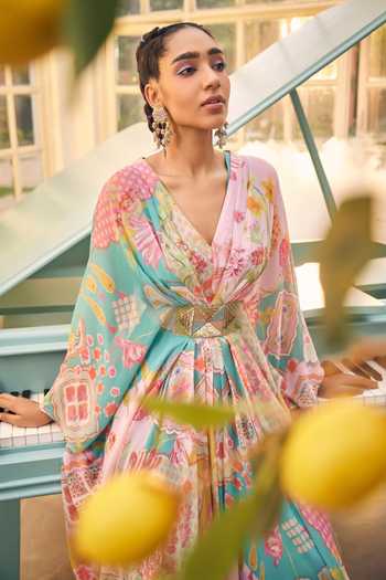 Buy_Sshilpa Samriya_Blue Georgette Printed Floral V-neck Abstract Kaftan_Online_at_Aza_Fashions
