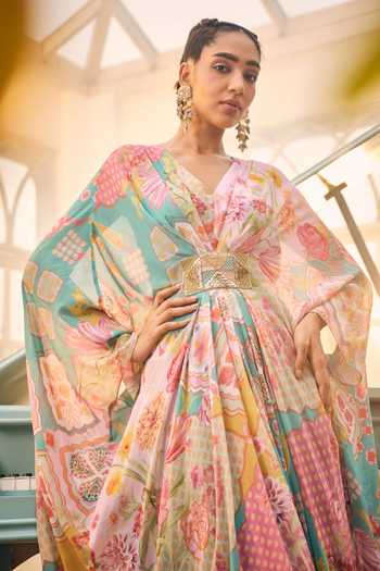 Shop_Sshilpa Samriya_Blue Georgette Printed Floral V-neck Abstract Kaftan_Online_at_Aza_Fashions