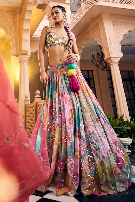 SSHILPA SAMRIYA Multi Color Lehenga Organza Printed Geometric Sweetheart Abstract Set