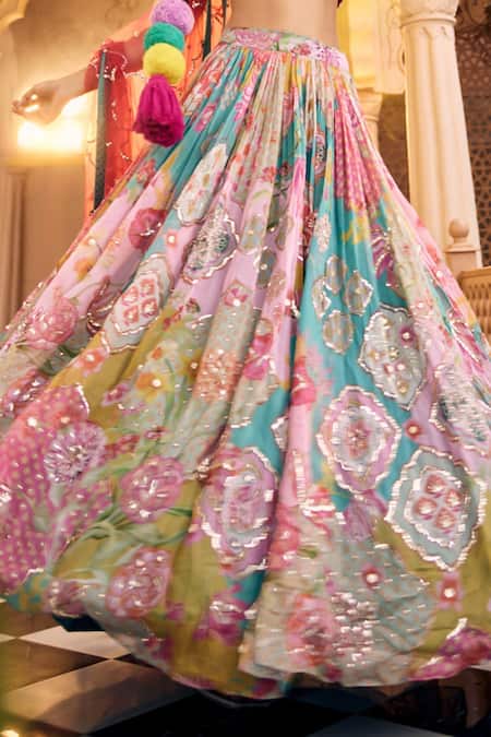 Sshilpa Samriya_Multi Color Organza, Silk, Net Sequins, Geometric Abstract Print Lehenga Set_Online_at_Aza_Fashions
