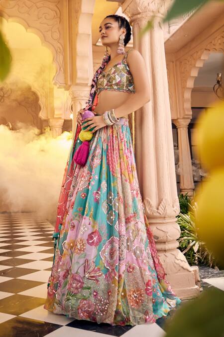 Buy_Sshilpa Samriya_Multi Color Organza, Silk, Net Sequins, Geometric Abstract Print Lehenga Set_Online_at_Aza_Fashions