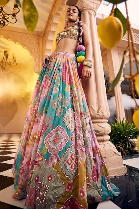 Sshilpa Samriya_Multi Color Organza, Silk, Net Sequins, Geometric Abstract Print Lehenga Set_at_Aza_Fashions