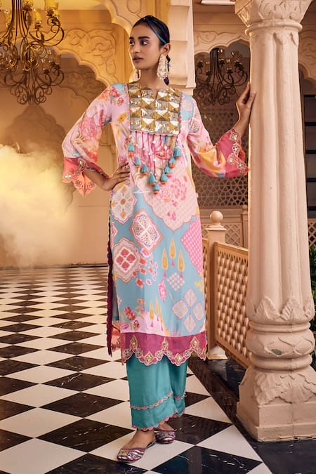 SSHILPA SAMRIYA Blue Kurta Crepe Printed Geometric Notched Sequin Embroidered Yoke With Pant