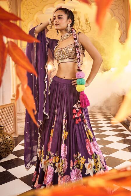 Shop Sshilpa Samriya Purple Chiffon, Silk, Organza Beads, Sequins, Floral Print Lehenga Set at Aza Fashions Shop_Sshilpa Samriya_Purple Chiffon, Silk, Organza Beads, Sequins, Floral Print Lehenga Set_at_Aza_Fashions