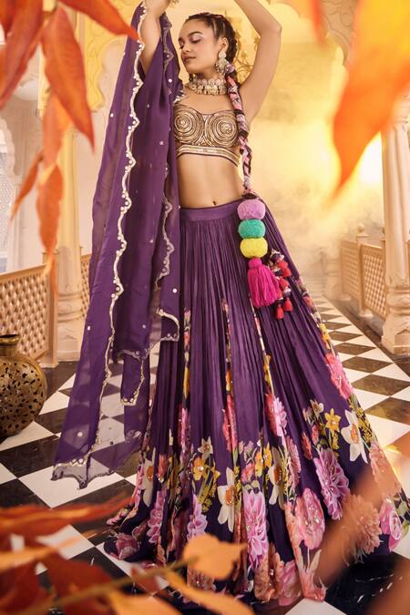 Buy Sshilpa Samriya Purple Chiffon, Silk, Organza Beads, Sequins, Floral Print Lehenga Set Online at Aza Fashions Buy_Sshilpa Samriya_Purple Chiffon, Silk, Organza Beads, Sequins, Floral Print Lehenga Set_Online_at_Aza_Fashions