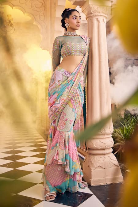 SSHILPA SAMRIYA Floral Print Pre-Draped Saree With Blouse 